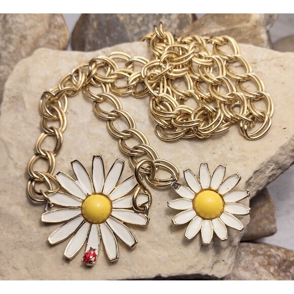 Vintage Weiss Sunny Daisy Enamel Chain Link Belt Necklace Rare